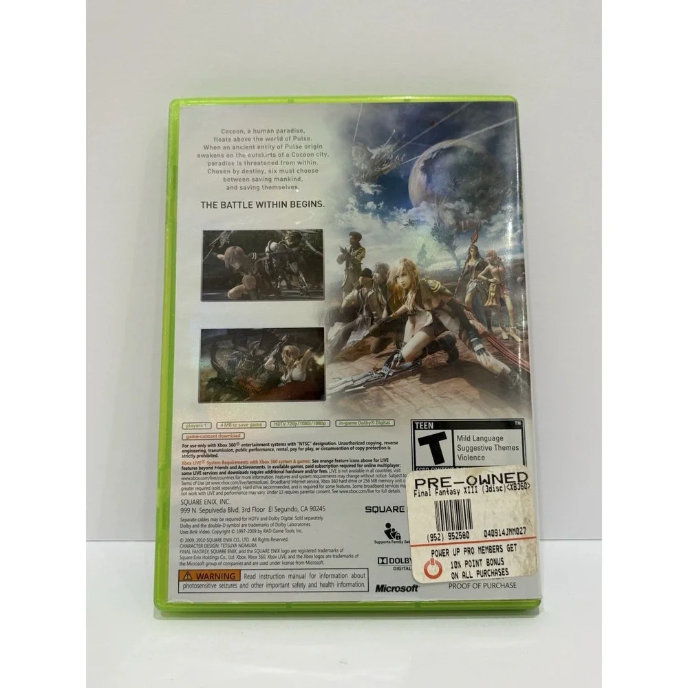 Final Fantasy XIII 3-disc (Microsoft Xbox 360, 2010) Complete w/ Manual CIB